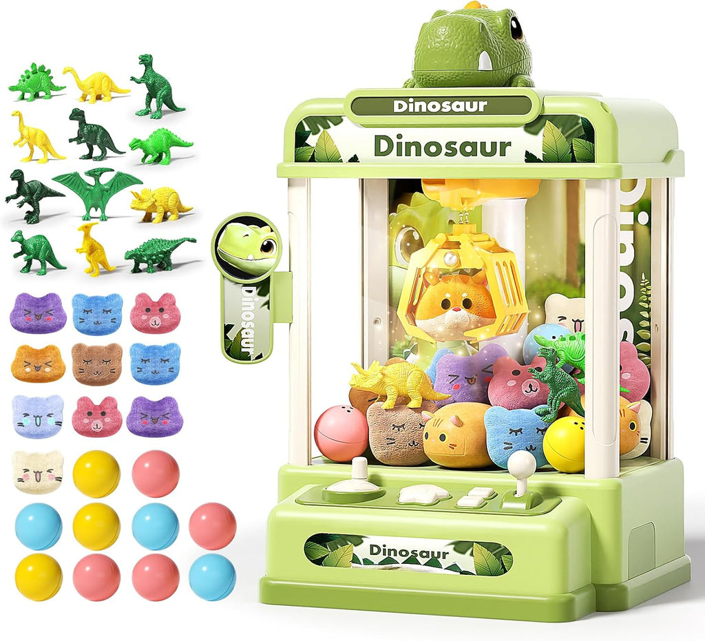 32PCS Dinosaur Claw Machine for Kids (Small) | Mini Vending Machine with Music & Adjustable Volume, Electronic Arcade Game Prize Dispenser for Birthday Toys Gifts Age 3+