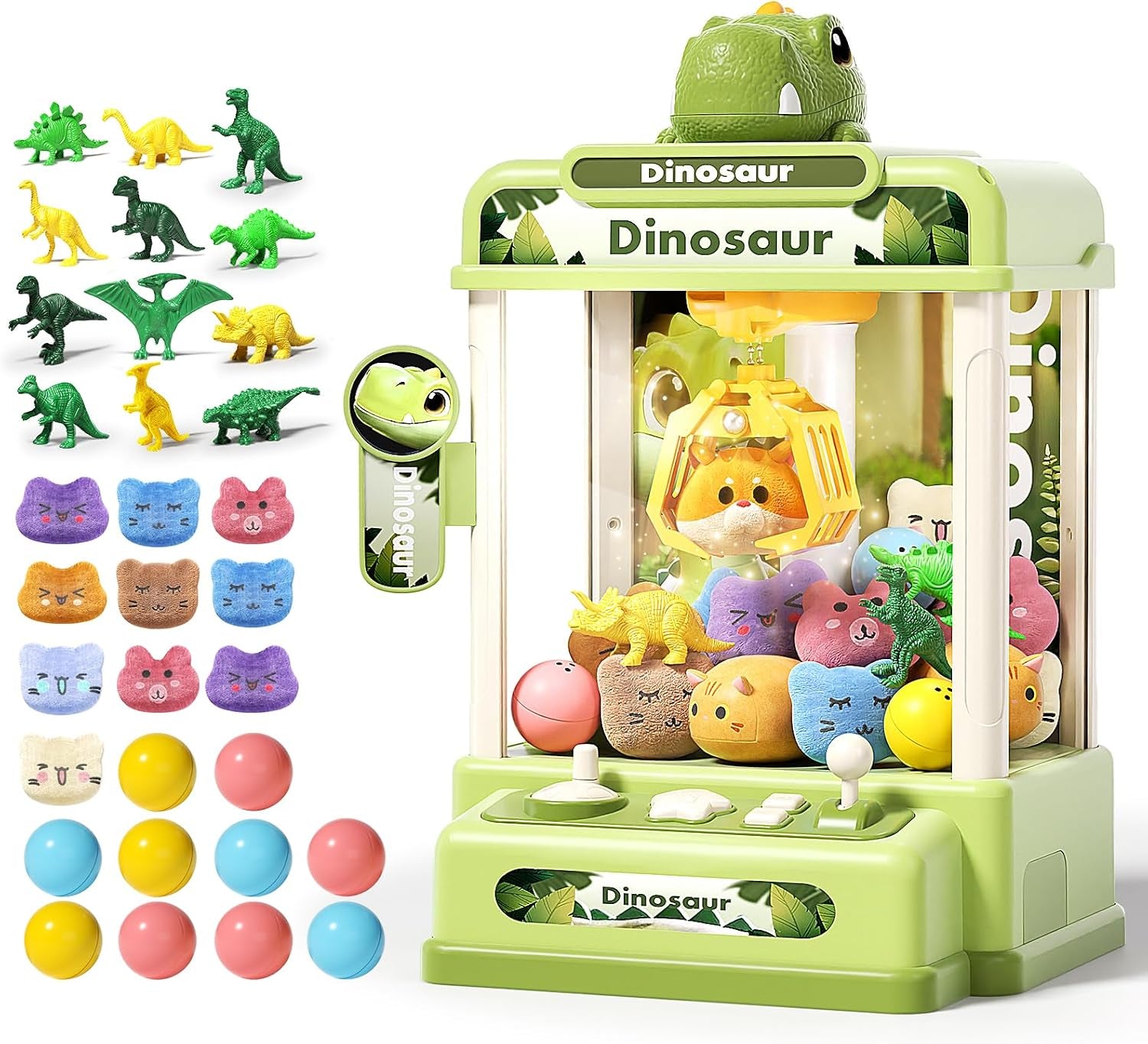 32PCS Dinosaur Claw Machine for Kids (Small) | Mini Vending Machine with Music & Adjustable Volume, Electronic Arcade Game Prize Dispenser for Birthday Toys Gifts Age 3+