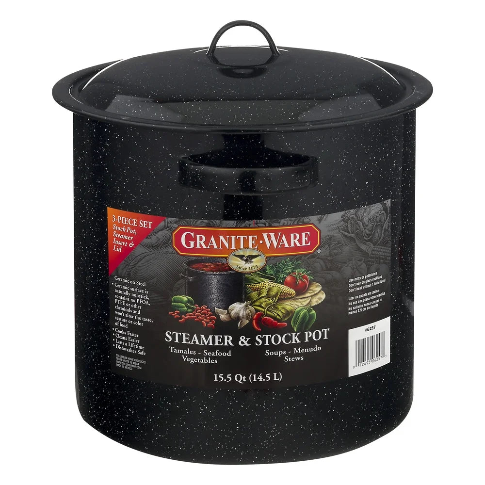 15.5-Quart Black Enamel on Steel Multiuse Pot with Steamer Insert for Seafood, Tamales, and Stock