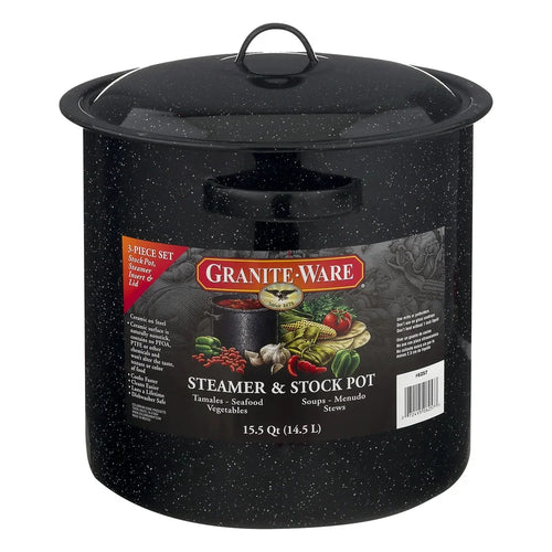 15.5-Quart Black Enamel on Steel Multiuse Pot with Steamer Insert for Seafood, Tamales, and Stock