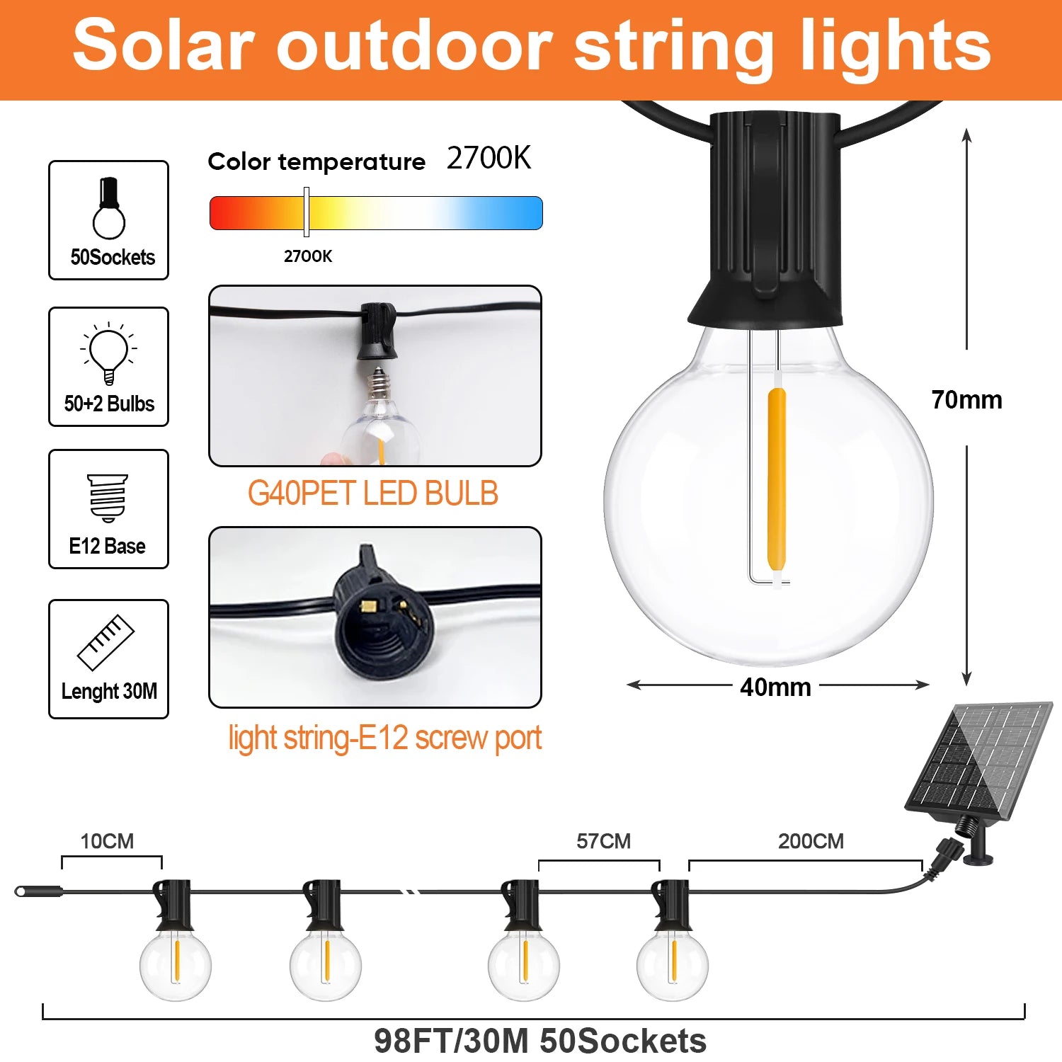 7.6M 18M 30M LED Solar String Lights G40 Patio Light Shatterproof Bulb Camper Garden Waterproof Hanging Lights for Garden Decora