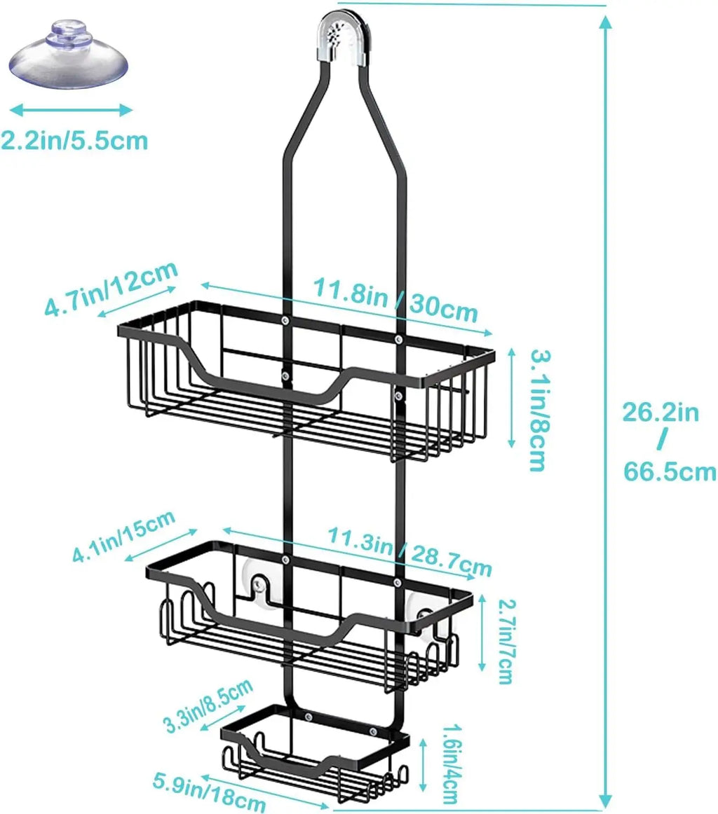 Over the Shower Head Caddy, Hanging Shower Organizer - 3-Tier Organizer W/ Soap Holder & Hooks for Towels, Sponge, Back to Schoo
