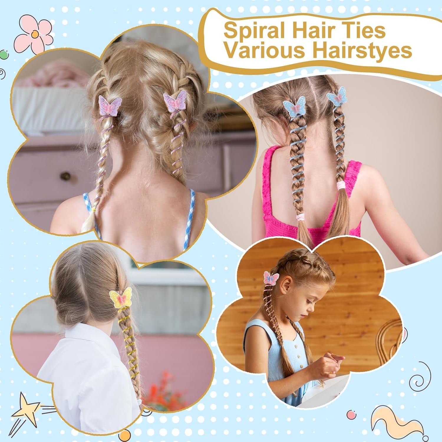 8PCS Butterfly Telephone Wire Hair Bands Spiral Hair Ties for Kids Women Thick Thin Hair, Colorful Telephone Cord Hair Ties, Elastic Hair Accessories for Little Girls, Ponytail Holders