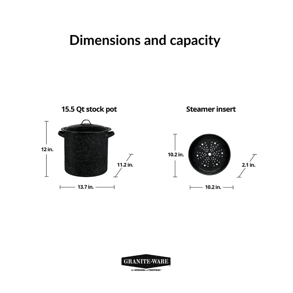 15.5-Quart Black Enamel on Steel Multiuse Pot with Steamer Insert for Seafood, Tamales, and Stock