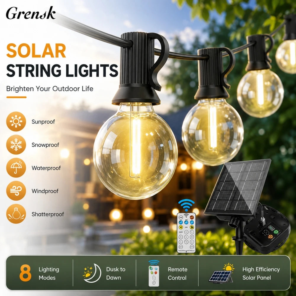 7.6M 18M 30M LED Solar String Lights G40 Patio Light Shatterproof Bulb Camper Garden Waterproof Hanging Lights for Garden Decora