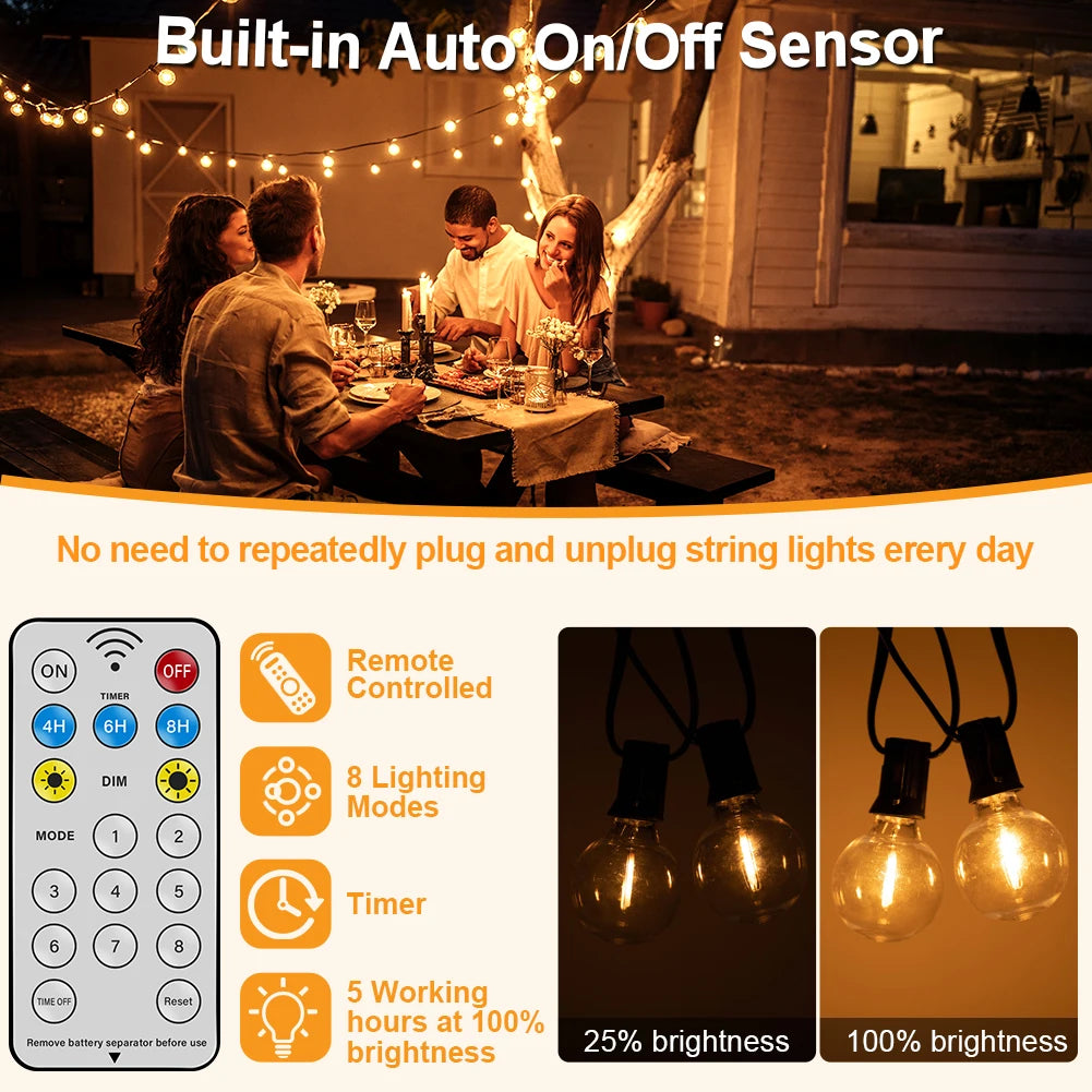 7.6M 18M 30M LED Solar String Lights G40 Patio Light Shatterproof Bulb Camper Garden Waterproof Hanging Lights for Garden Decora