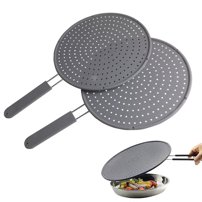 Silicone Kitchen Splatter Screen with Handle Heat-Resisting Oil Splash Guard Drain Board Cover Kitchen Frying Pan Lid