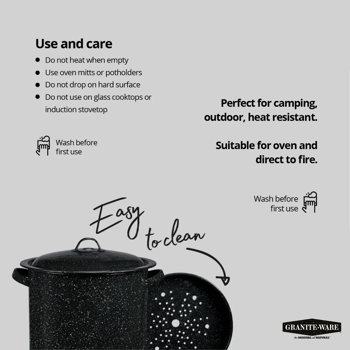 15.5-Quart Black Enamel on Steel Multiuse Pot with Steamer Insert for Seafood, Tamales, and Stock