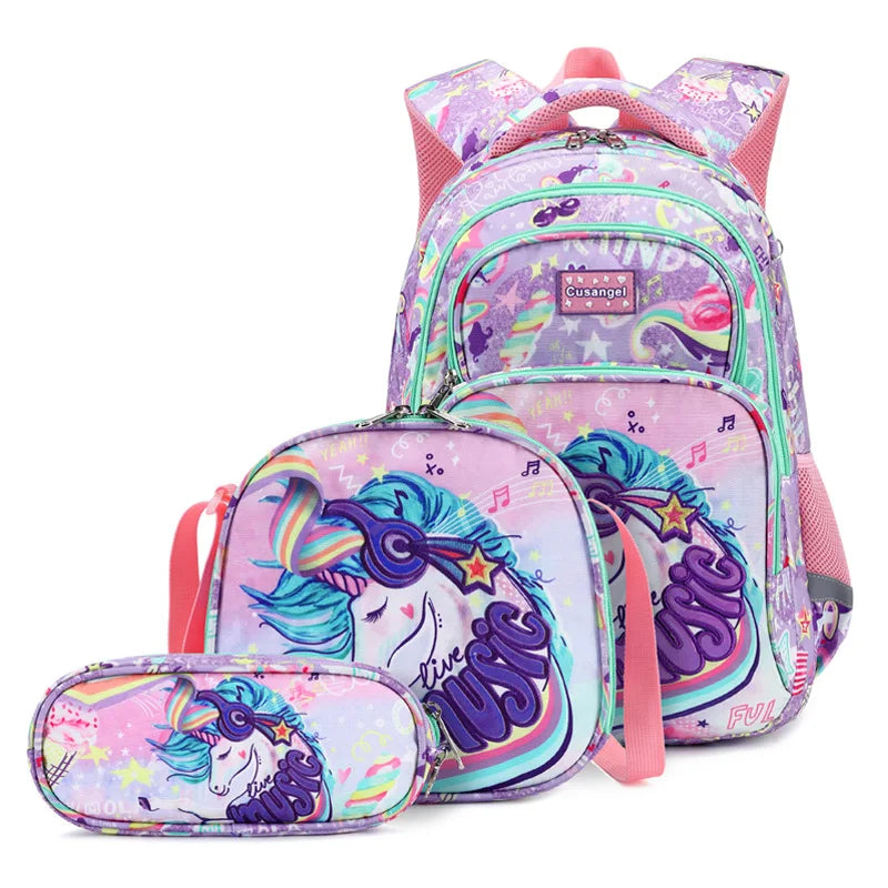 Cartoon Unicorn 3 Piece Set School Bags for Girls Boys Kids Space Backpack Primary School Students Backpack with Lunch Box