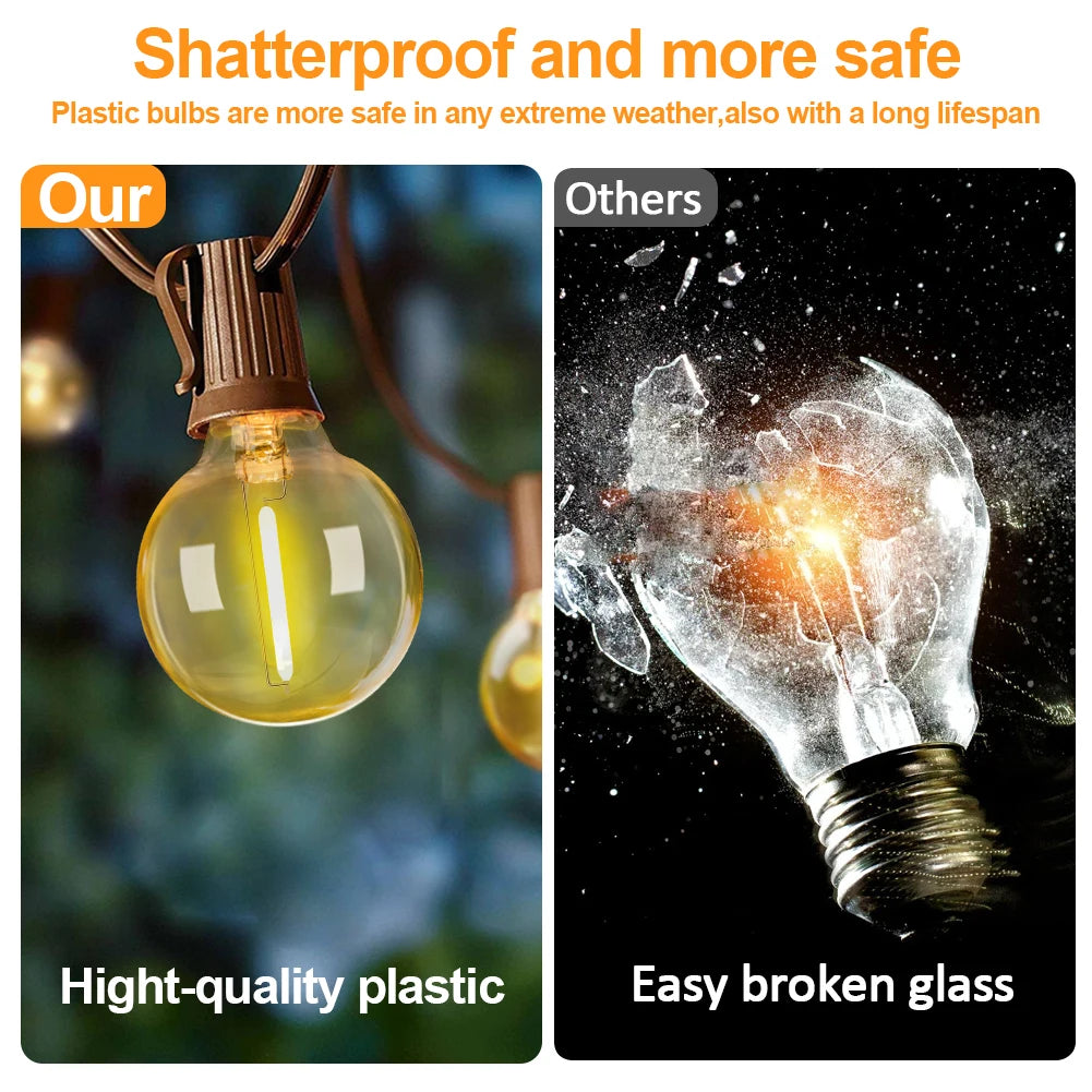 7.6M 18M 30M LED Solar String Lights G40 Patio Light Shatterproof Bulb Camper Garden Waterproof Hanging Lights for Garden Decora