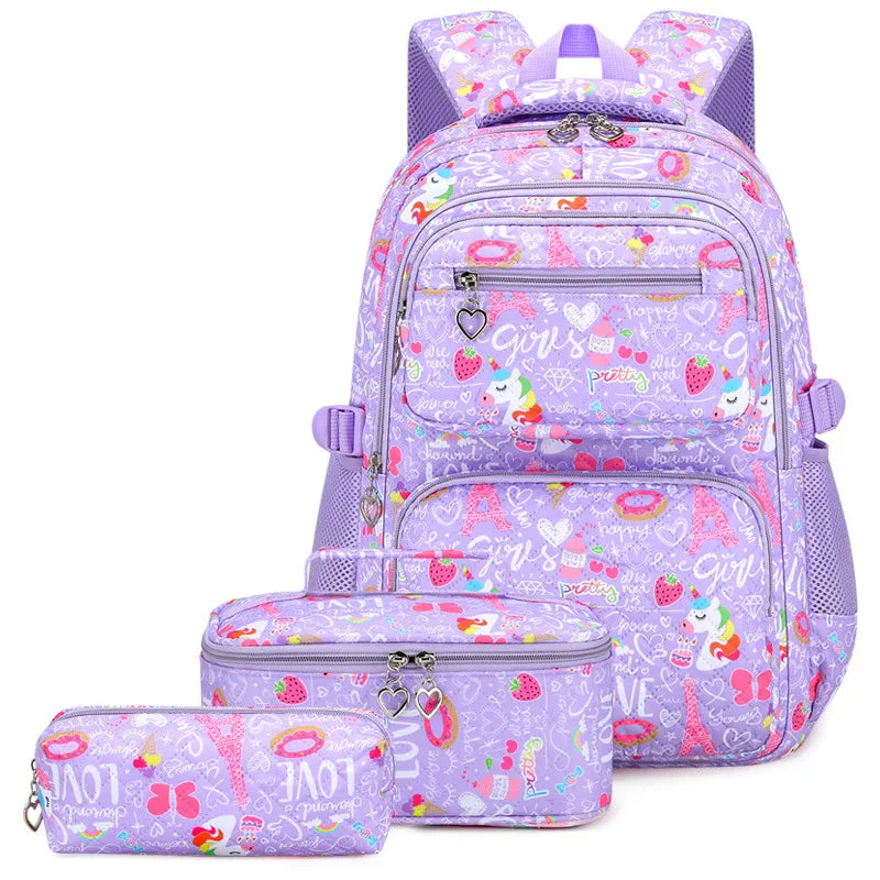 Stylish 3-Piece Cartoon Print Backpack Set with Lunch Box for Kids - Perfect for School and Adventures!