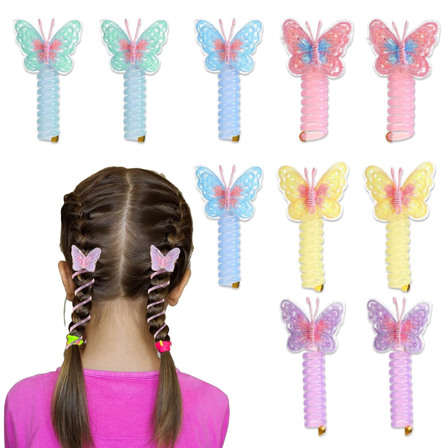 8PCS Butterfly Telephone Wire Hair Bands Spiral Hair Ties for Kids Women Thick Thin Hair, Colorful Telephone Cord Hair Ties, Elastic Hair Accessories for Little Girls, Ponytail Holders