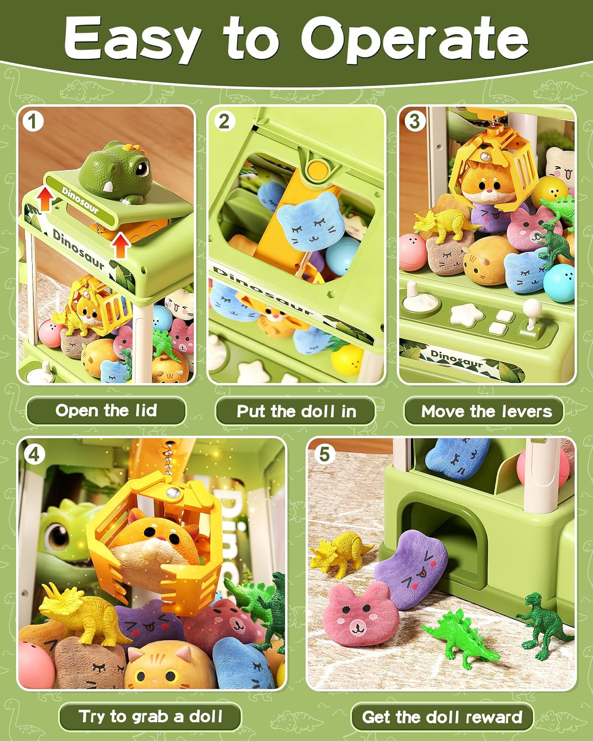 32PCS Dinosaur Claw Machine for Kids (Small) | Mini Vending Machine with Music & Adjustable Volume, Electronic Arcade Game Prize Dispenser for Birthday Toys Gifts Age 3+