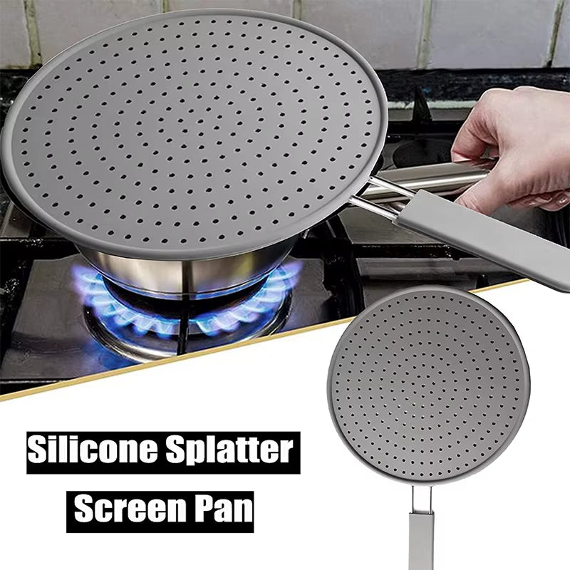 Silicone Kitchen Splatter Screen with Handle Heat-Resisting Oil Splash Guard Drain Board Cover Kitchen Frying Pan Lid