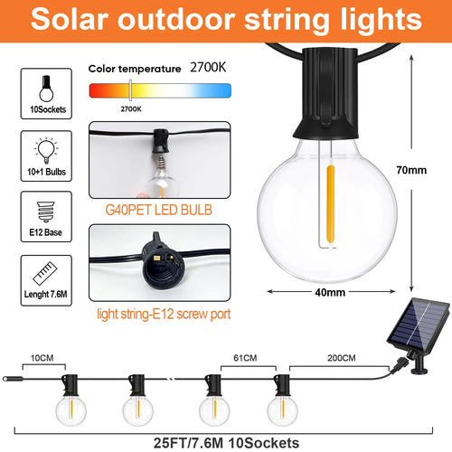 7.6M 18M 30M LED Solar String Lights G40 Patio Light Shatterproof Bulb Camper Garden Waterproof Hanging Lights for Garden Decora