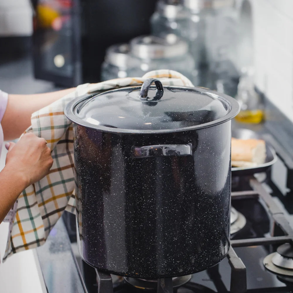 15.5-Quart Black Enamel on Steel Multiuse Pot with Steamer Insert for Seafood, Tamales, and Stock