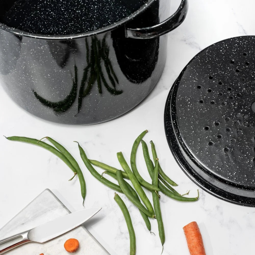 15.5-Quart Black Enamel on Steel Multiuse Pot with Steamer Insert for Seafood, Tamales, and Stock
