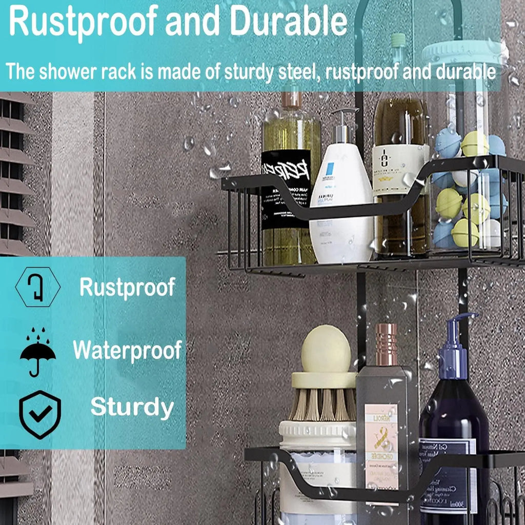 Over the Shower Head Caddy, Hanging Shower Organizer - 3-Tier Organizer W/ Soap Holder & Hooks for Towels, Sponge, Back to Schoo
