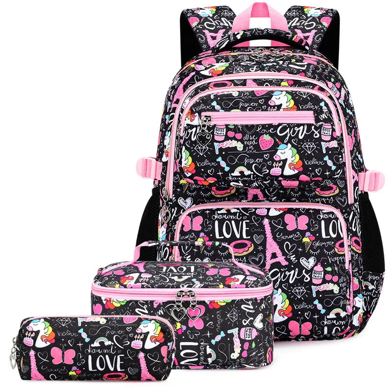 Stylish 3-Piece Cartoon Print Backpack Set with Lunch Box for Kids - Perfect for School and Adventures!