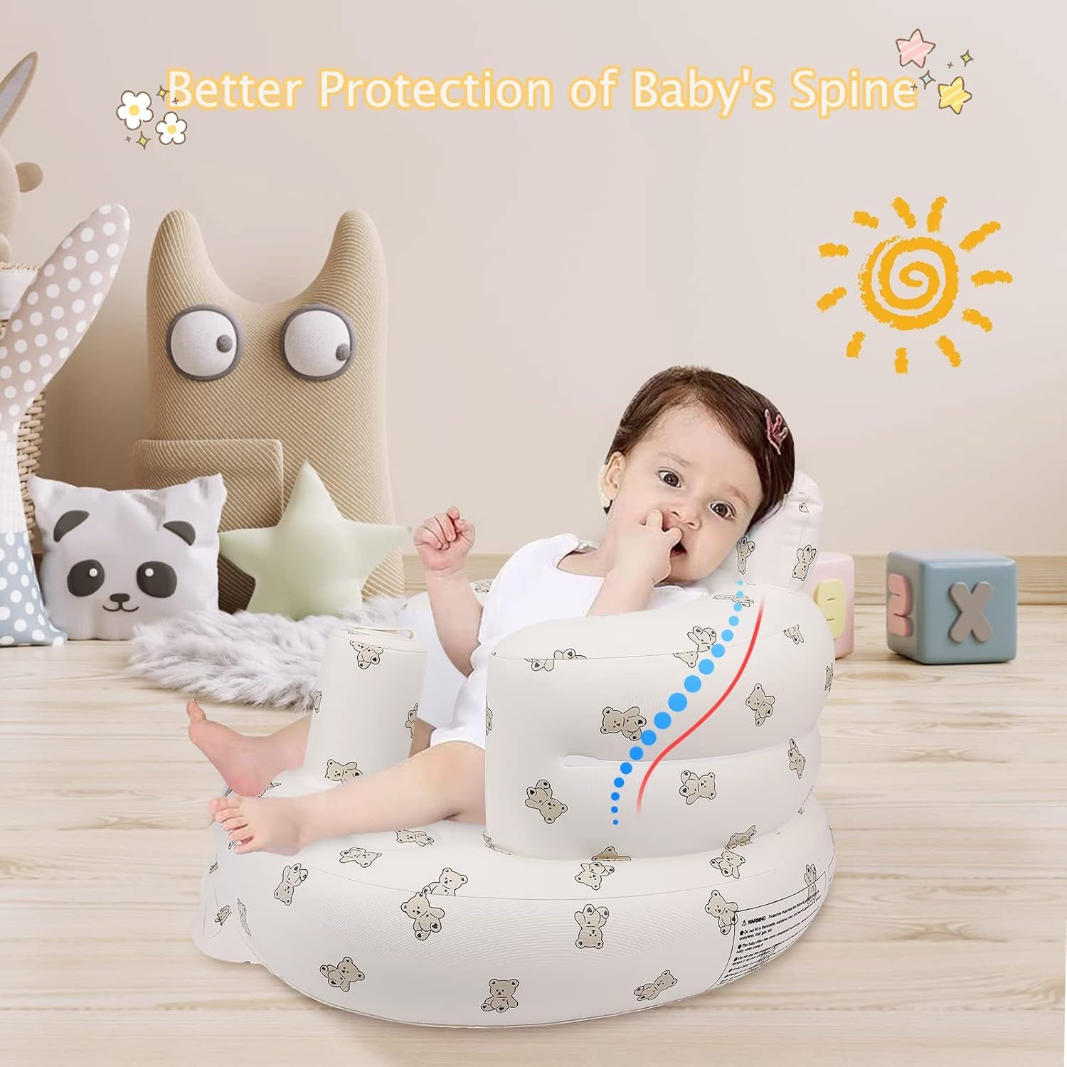 Inflatable Baby Seat for Babies 3 Months & Up, Baby Floor Seats for Sitting Up, Baby Seats for Infants, Blow up Baby Chair with Built in Air Pump - Bear
